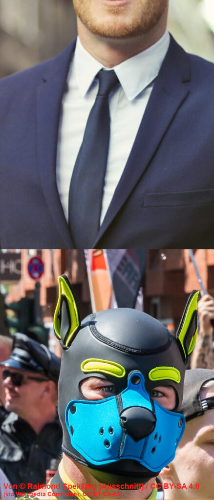 Mann im Anzug und Person mit Pupplay-Maske