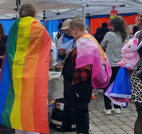 Personen mit Regenbogenflagge und Lesbian-Pride-Flagge und Stoff-Einhorn
