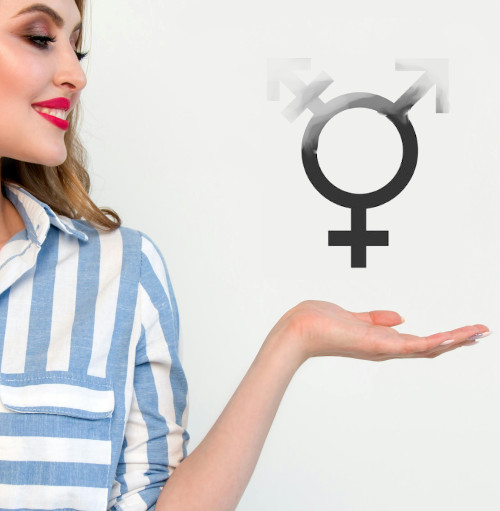 Weiblich gelesene Person mit trans* Symbol, das langsam unsichtbar wird, so dass nur das Frauen-Symbol bleibt.